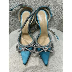 Mach & Mach Crystal Embellished Double Bow Heels  Blue Satin, Size 38 - Like New